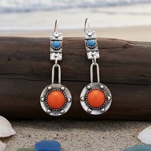 Vintage Style Boho Chic Drop Trendy Spring Earrings Orange Turquoise Accents